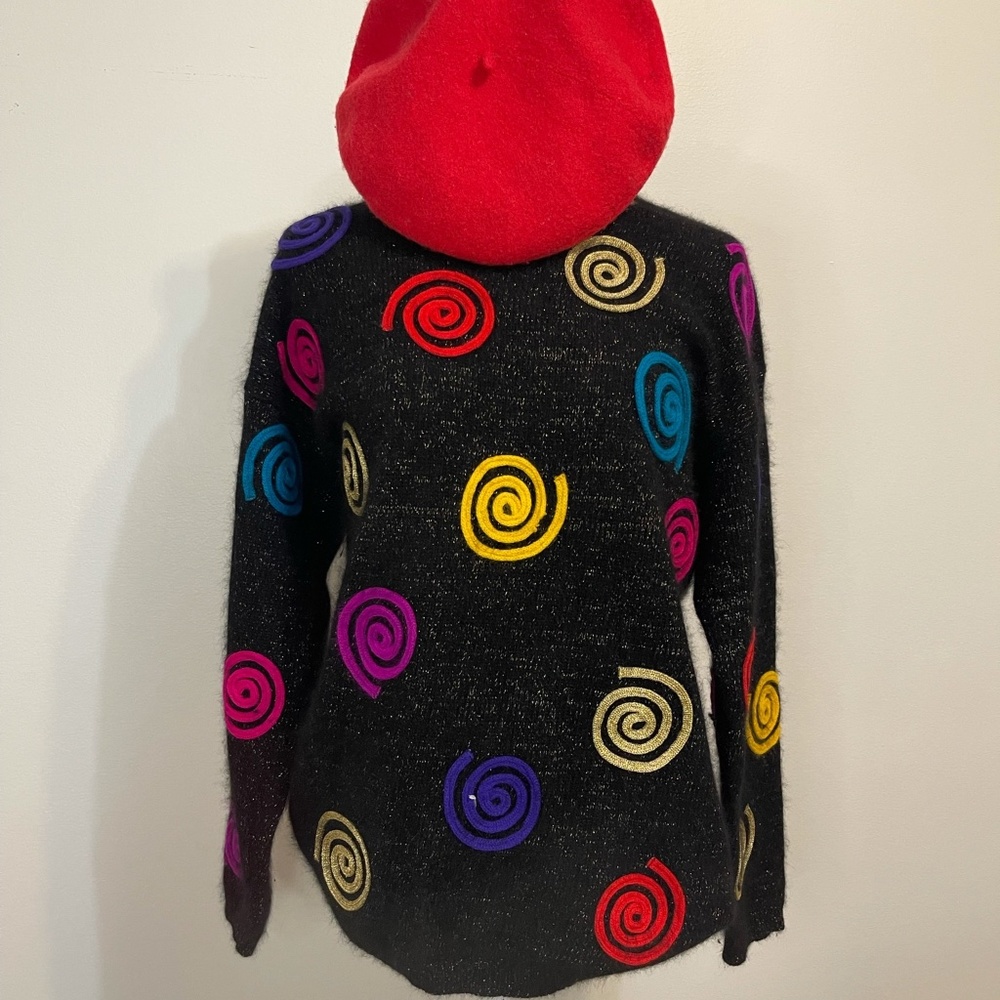 Rafaella "Vintage" Black Shimmer Crew Neck Sweater w/ Colorful Swirls